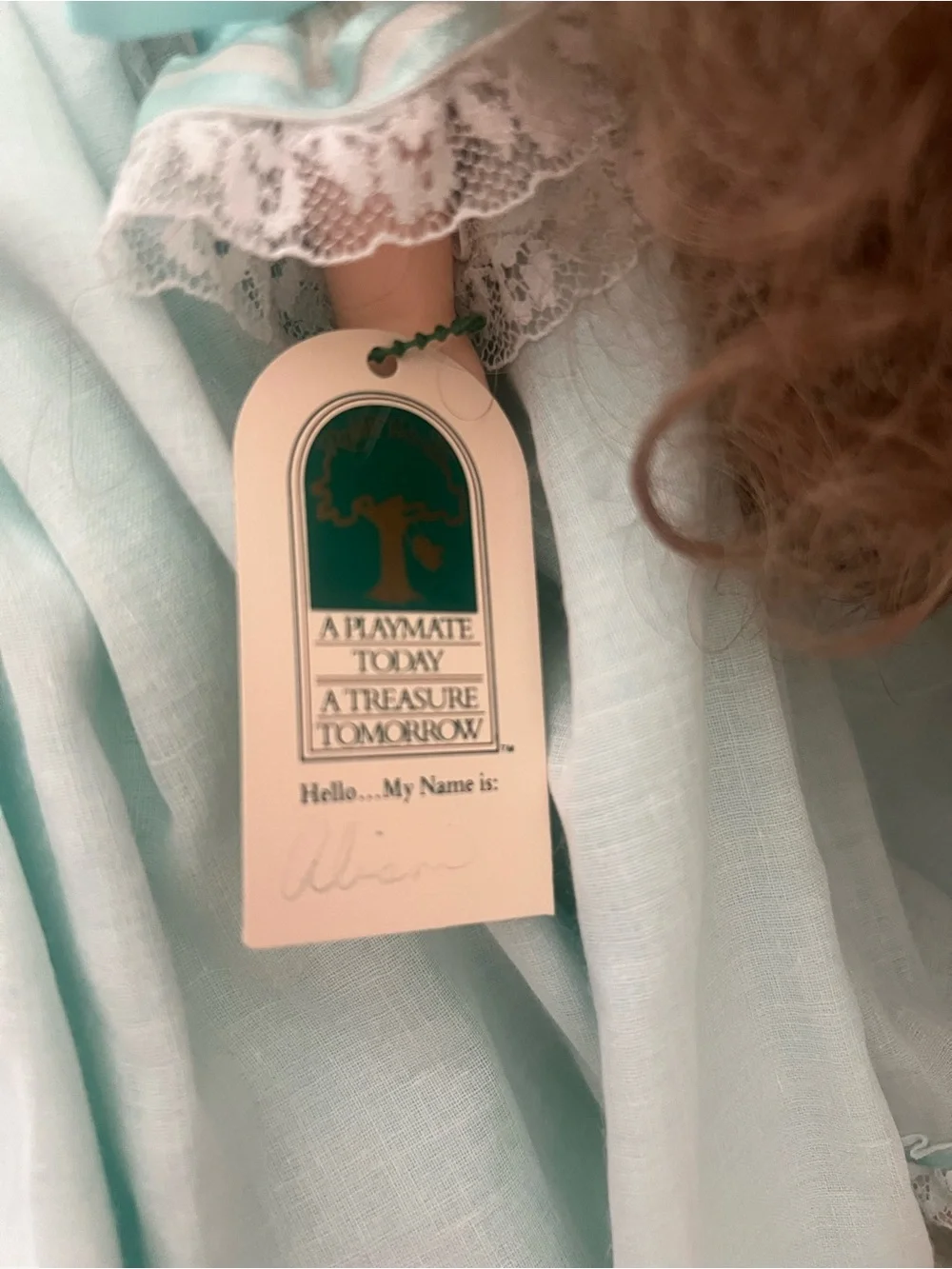 Vintage Collectible Mint Green Porcelain Doll Floral Headpiece BasketCollectible